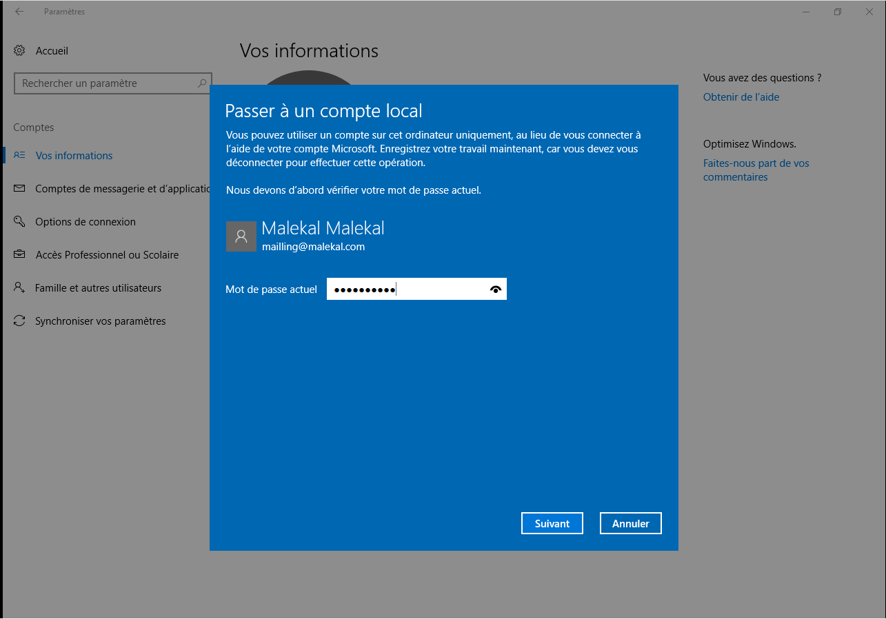 Windows10 convertir compte microsoft en compte local 4