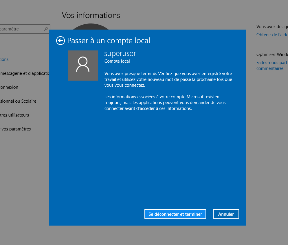 Windows10 convertir compte microsoft en compte local 6